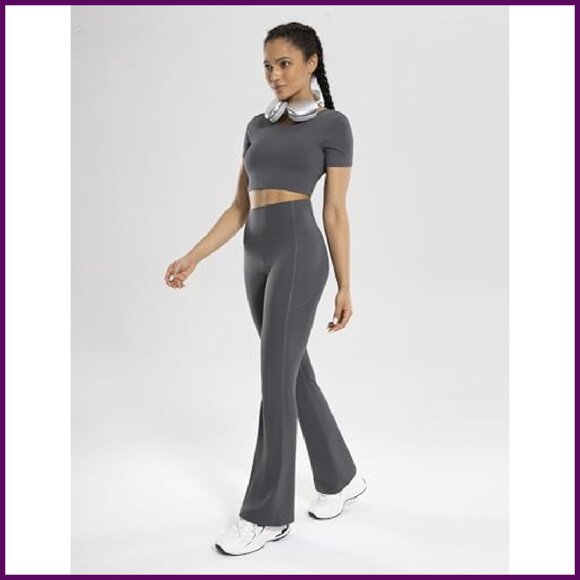 High Waisted Flare Yoga Pants with Pockets Tummy Control 30" - Picture 6 of 8